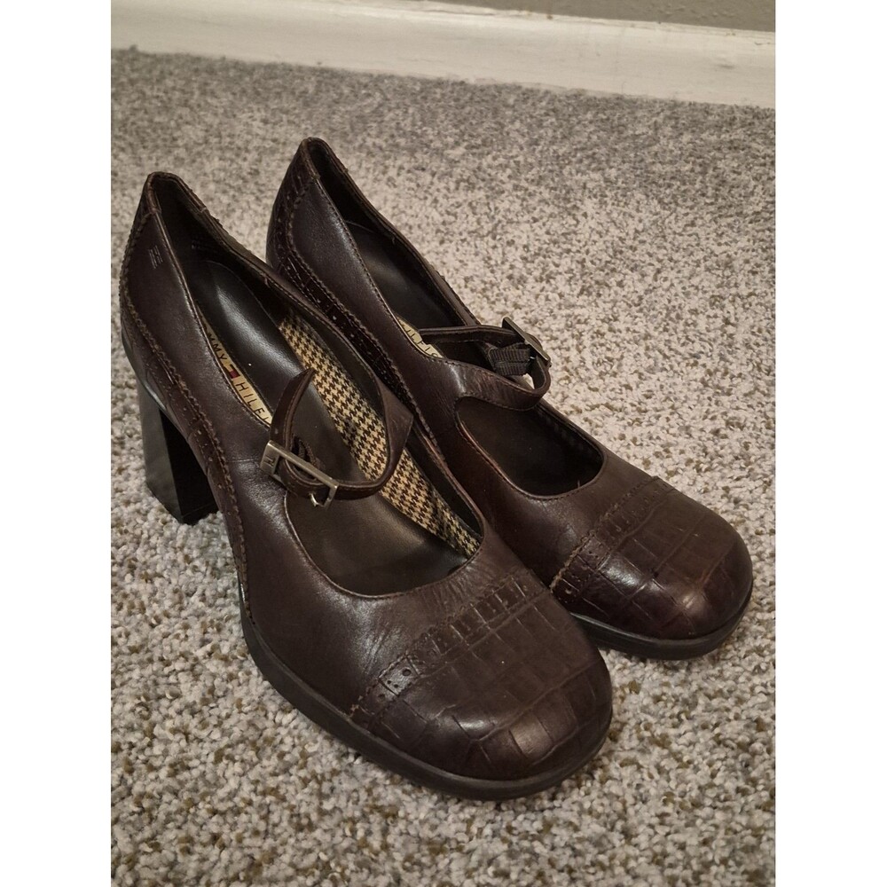 Y2k Tommy Hilfiger Mary Jane Heeled Platform Loafers Chunky 8M Brown Leather